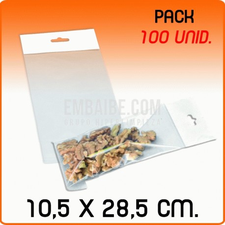 100 Bolsas PP solapa adhesiva y eurotaladro 10,5x28,5 cm